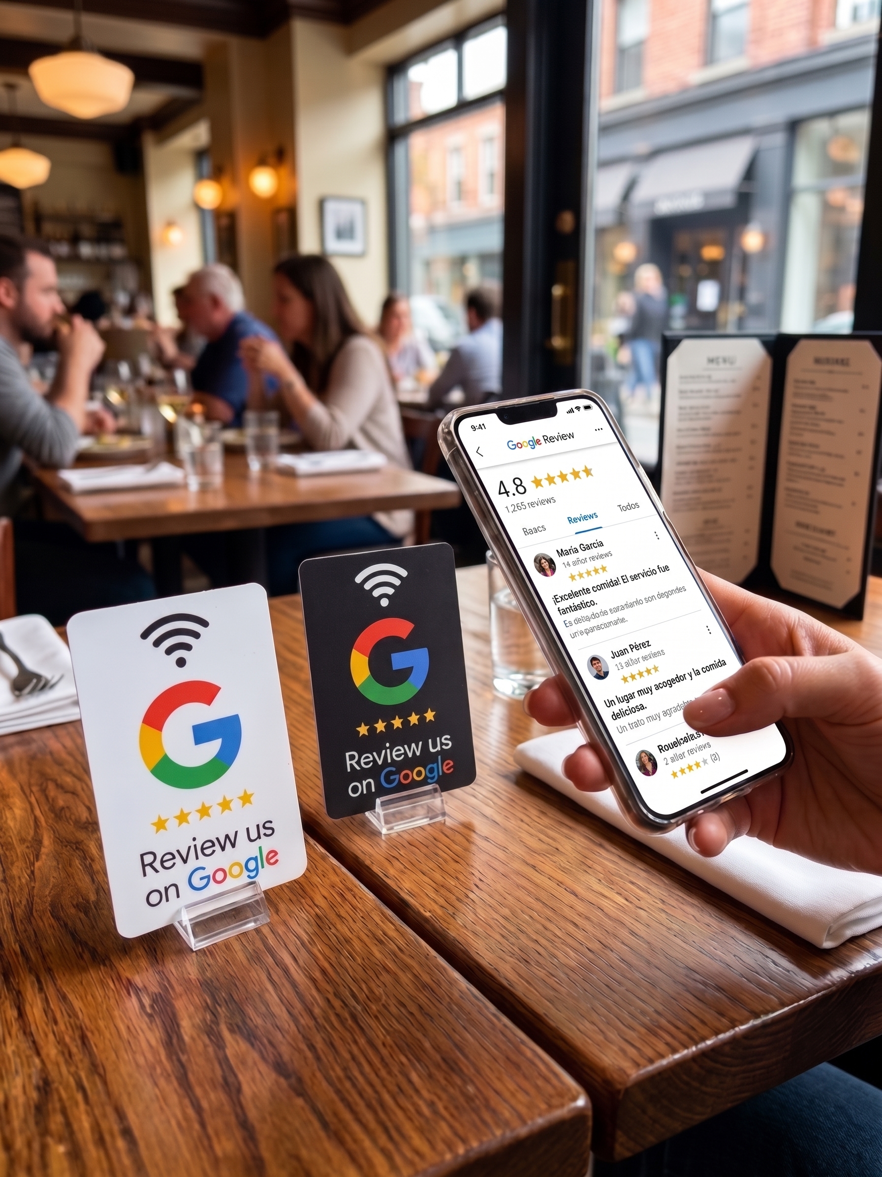 Tarjeta NFC de reseñas de Google tocando un teléfono inteligente